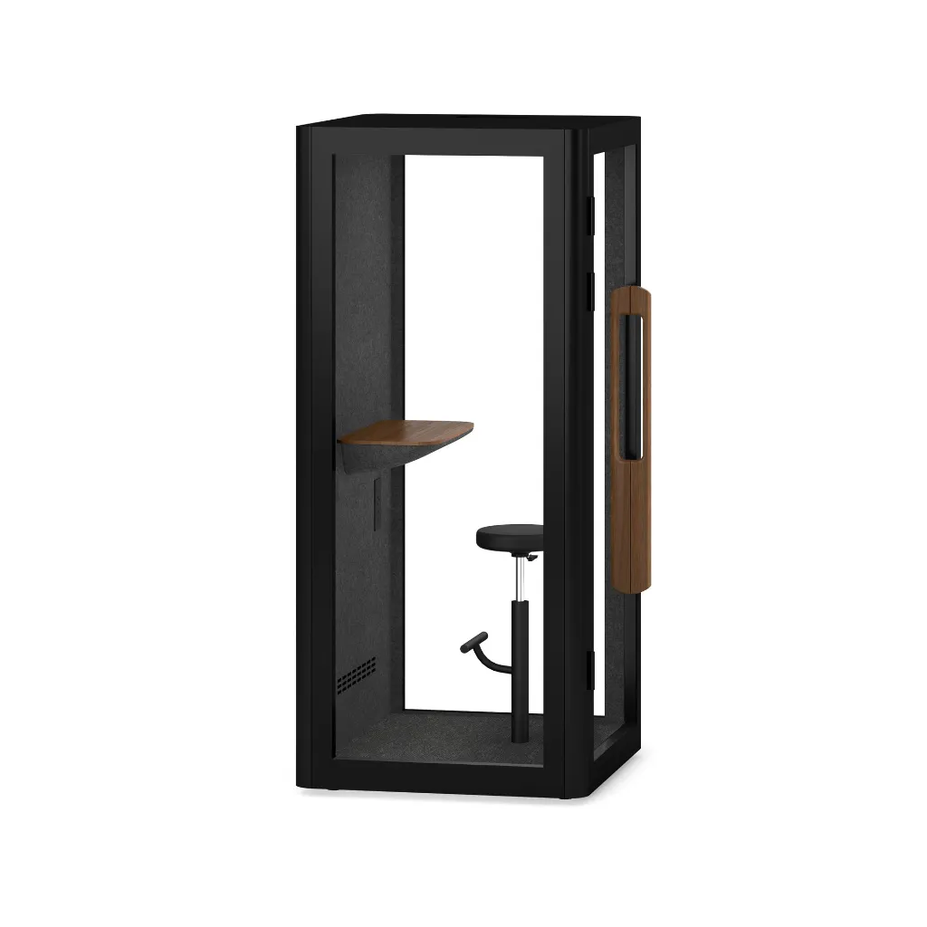 010_10 - Lumin 1P Phone Booth with 3 Side Glass and Stool - Matte Black (BK) and Walnut (WA)_0.webp